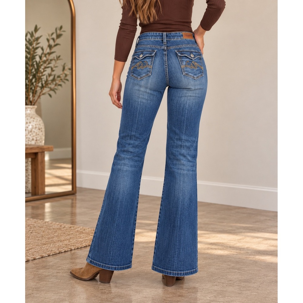 Anoname Y2K Flare Joelle Boot Medium Wash Embroidered Flap Pocket Jeans 31